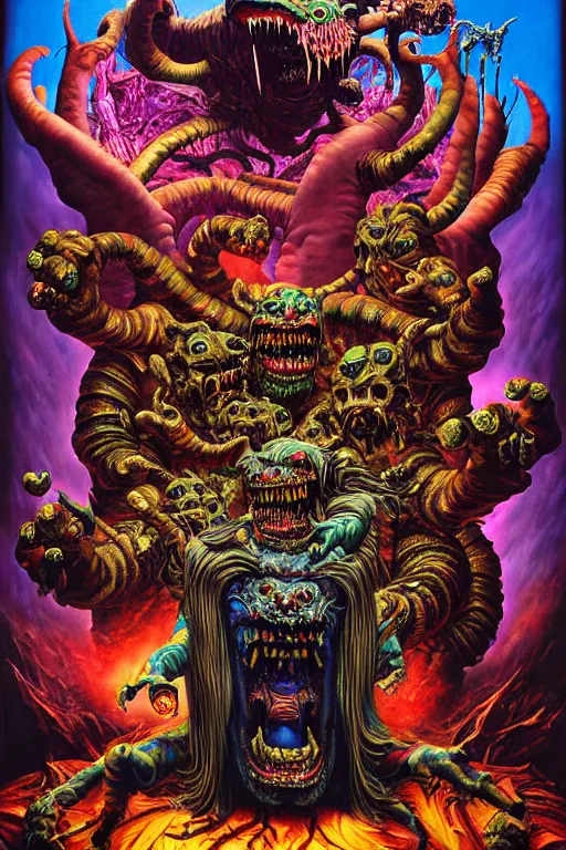 Image similar to a hyperrealistic painting of an epic boss fight against an ornate supreme dark overlord, cinematic horror by chris cunningham, lisa frank, richard corben, highly detailed, vivid color,