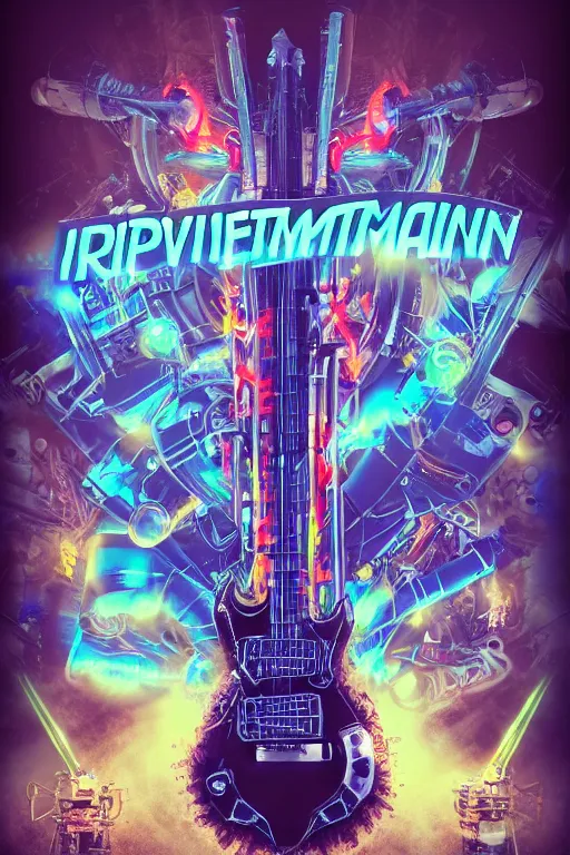 Image similar to mockup of a band tshirt, bandname is tripmachine, tourname is invasion of the tripmachines, realistic digital art, 3 d render of a huge futuristic steampunk generator, 8 k, fluorescent colors, halluzinogenic, multicolored, exaggerated detailed, unreal engine