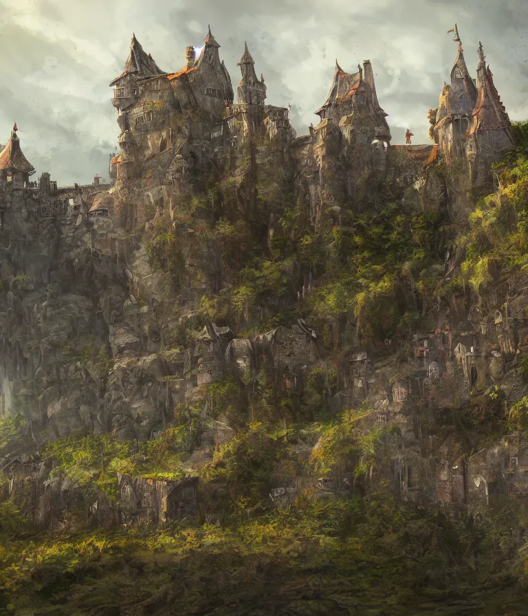 Image similar to view of castle highgarden, digital art, landscape painting, trending on artstation, highly detailed, medieval fantasy.