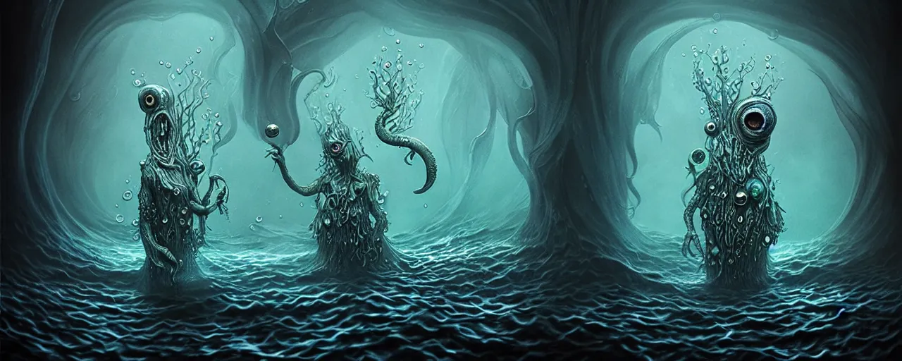 Image similar to whimsical watery alchemical monsters, surreal dark uncanny painting by ronny khalil