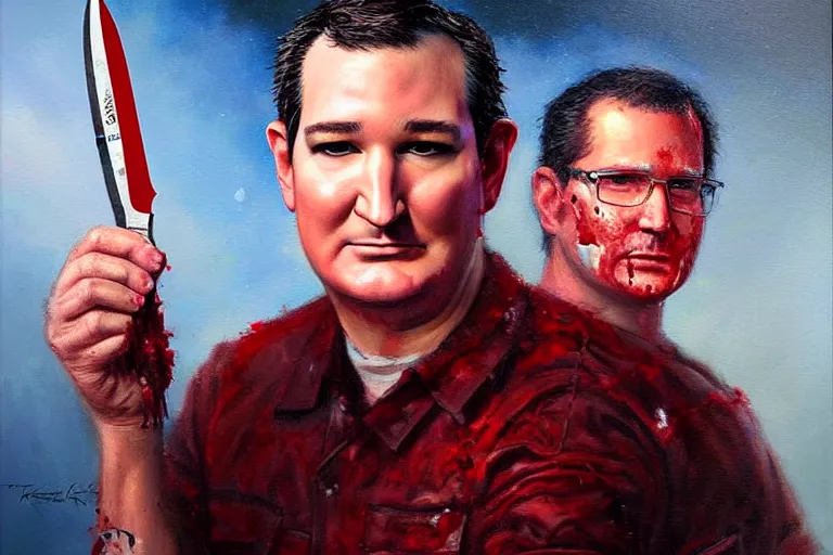 Image similar to portrait of ted cruz with a knife as the zodiac killer bloodied, an oil painting by ross tran and thomas kincade