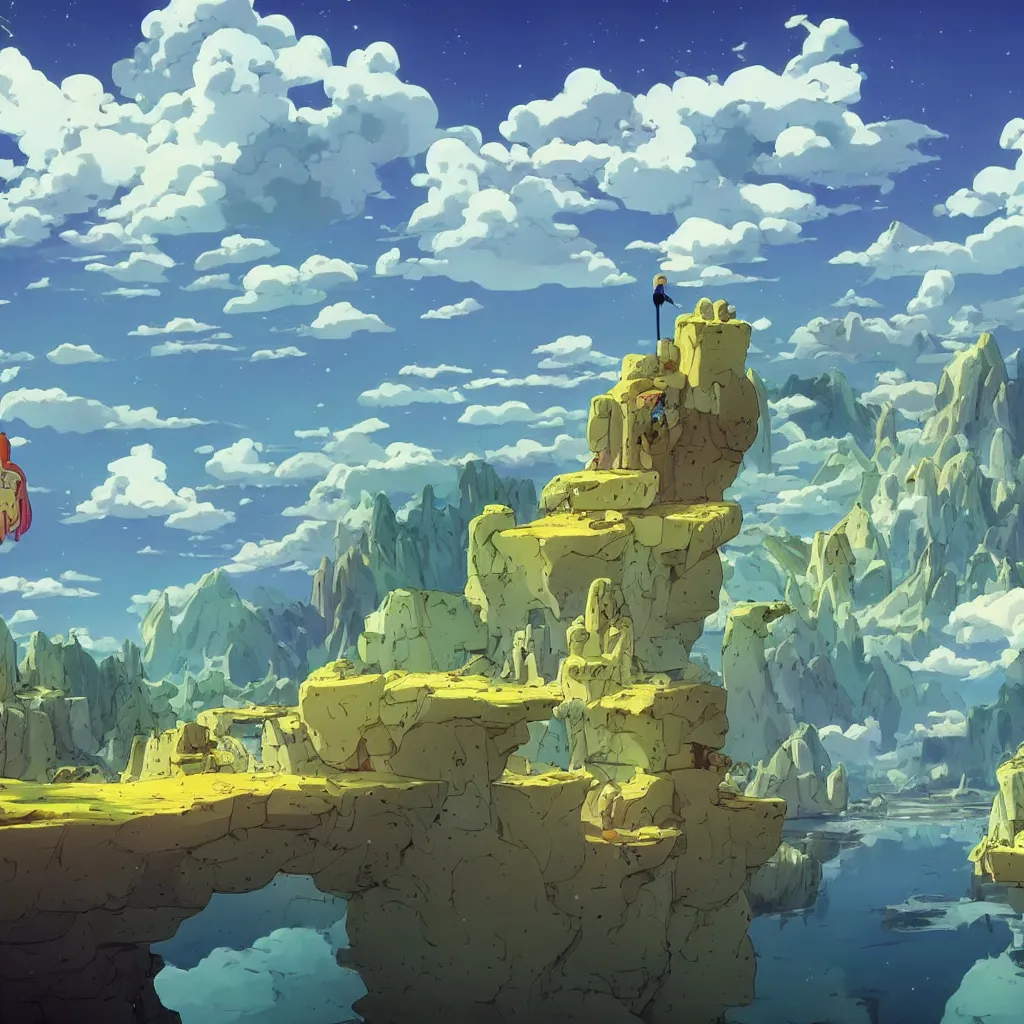 Image similar to amazing beautiful landscape ,a screenshot from adventure time, by Salvador dali and Makoto Shinkai