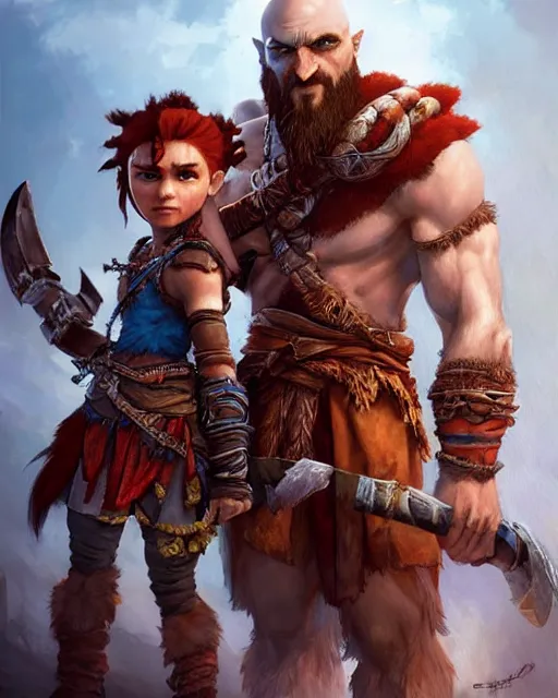 Image similar to cute little anthropomorphic kratos and aloy cute and adorable, pretty, beautiful, dnd character art portrait, matte fantasy painting, deviantart artstation, god of war, horizon zero dawn, by jason felix by steve argyle by tyler jacobson by peter mohrbacher