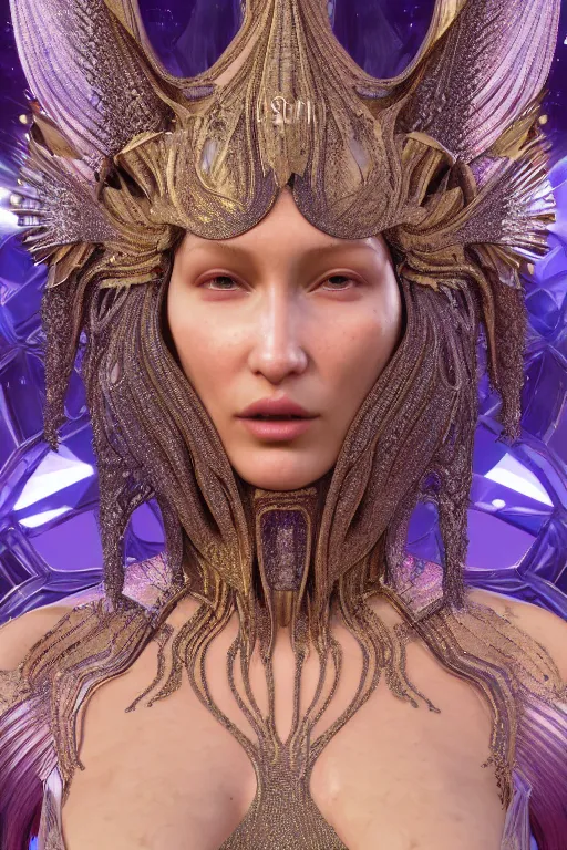 Image similar to a highly detailed metahuman 4 k render close up of a divine alien goddess bella hadid in iris van herpen dress schiaparelli in diamonds swarovski and jewelry in style of alphonse mucha trending on artstation made in unreal engine 4