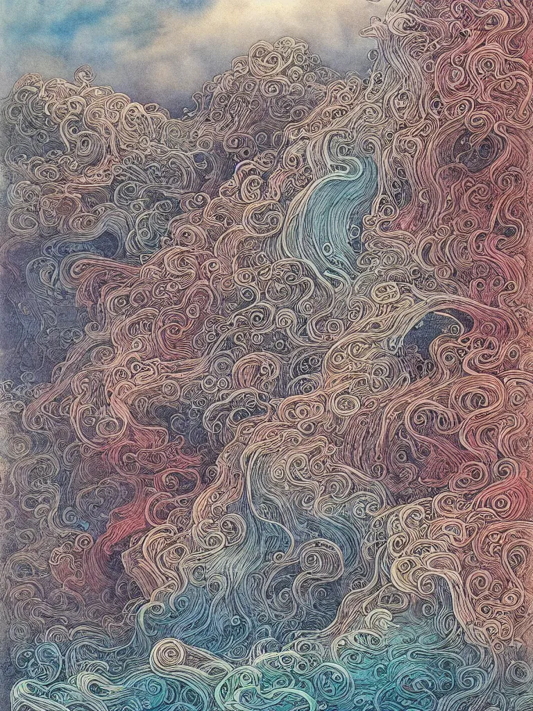 Image similar to a beautiful, colorful wave by Mattias Adolfsson, by Zdzisław Beksiński, greeble, modern European ink painting, watercolor, dystopian, surrealism