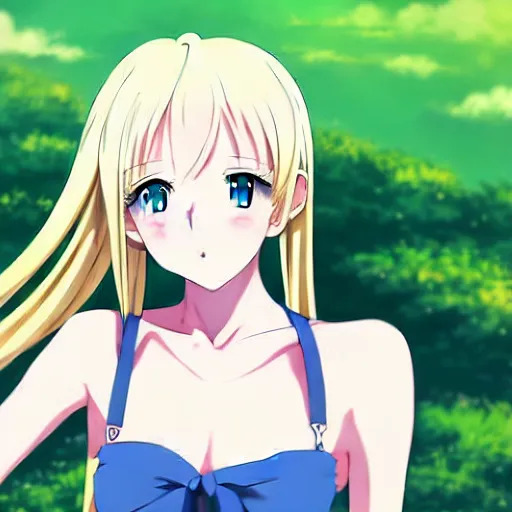 Prompt: anime art full body portrait character concept art, anime key visual of elegant young female, blonde hair and large blue eyes, finely detailed perfect face delicate features directed gaze, laying down in the grass at sunset in a valley, trending on pixiv fanbox, studio ghibli, extremely high quality artwork