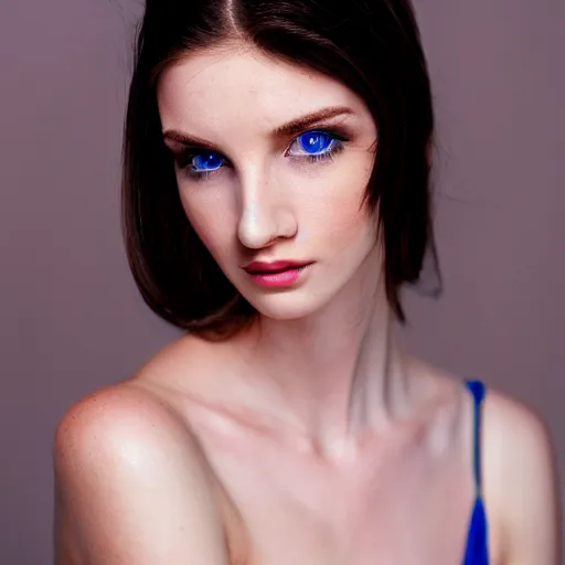 Image similar to Portrait of a beautiful young pale brunette woman with blue eyes, photoshoot, 30mm, Taken with a Pentax1000, studio lighting