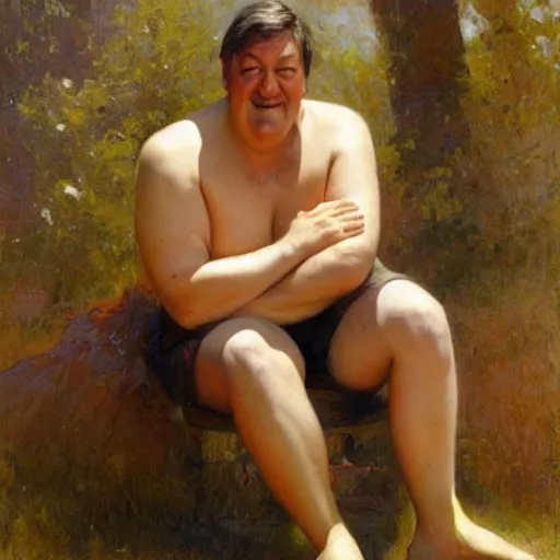 Prompt: Stephen Fry with a flabby body type, painting by Gaston Bussiere, Craig Mullins
