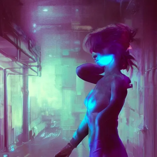 Image similar to instagram girl nora _ kyzy in neon future aether gear, hyperrealistic full figure, bladerunner street alley, art of elysium by frank frazetta and by jeremy mann and by alphonse mucha, fantasy art, photo realistic, dynamic lighting, artstation, full figure poster, volumetric lighting, very detailed face, 4 k, award winning