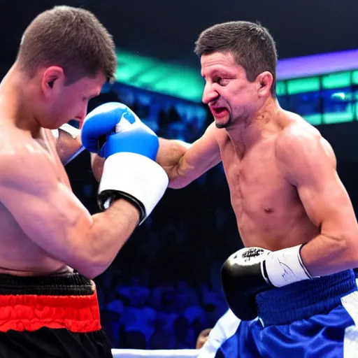 Prompt: volodymyr zelensky beating putin in a boxing match