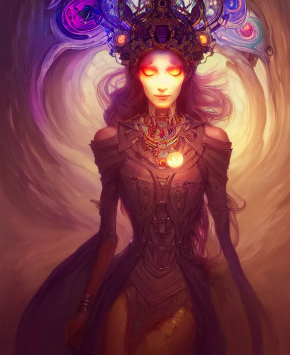 Image similar to whirlwind souls inside metaverse, half body, glowin eyes, tiara, pharaoh, forest, mushrooms, antiques, cyberpunk face, by loish, d & d, fantasy, intricate, elegant, highly detailed, colorful, vivid color, digital painting, artstation, concept art, art by artgerm and greg rutkowski and alphonse mucha and ruan jia