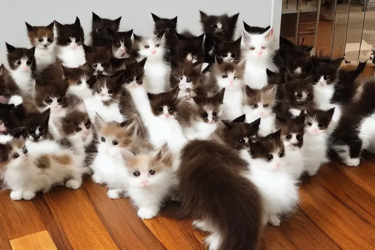 Image similar to a living room full of cute kittens that are all facing the camera