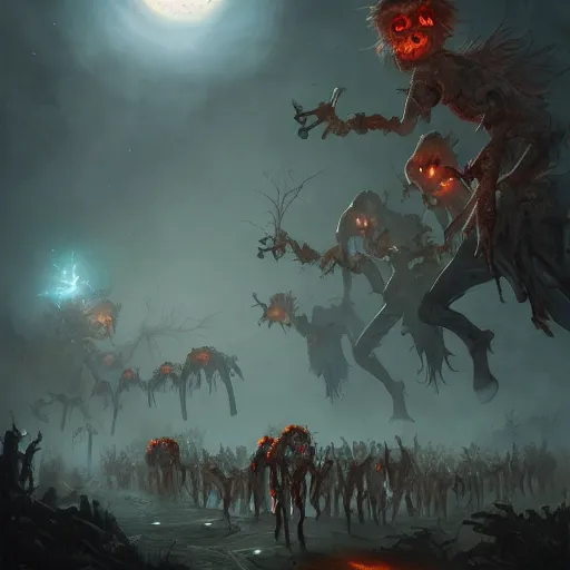 Image similar to A hoard of zombies approaching, Scary, Moonlit Night, 8k resolution matte fantasy painting, cinematic lighting, DeviantArt, Artstation, Jason Felix Steve Argyle Tyler Jacobson Peter Mohrbacher