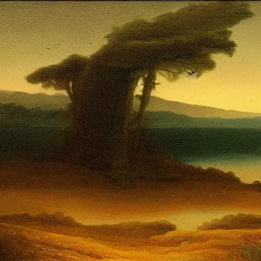 Image similar to landscape in the style of hudson river school of art by h. r. giger