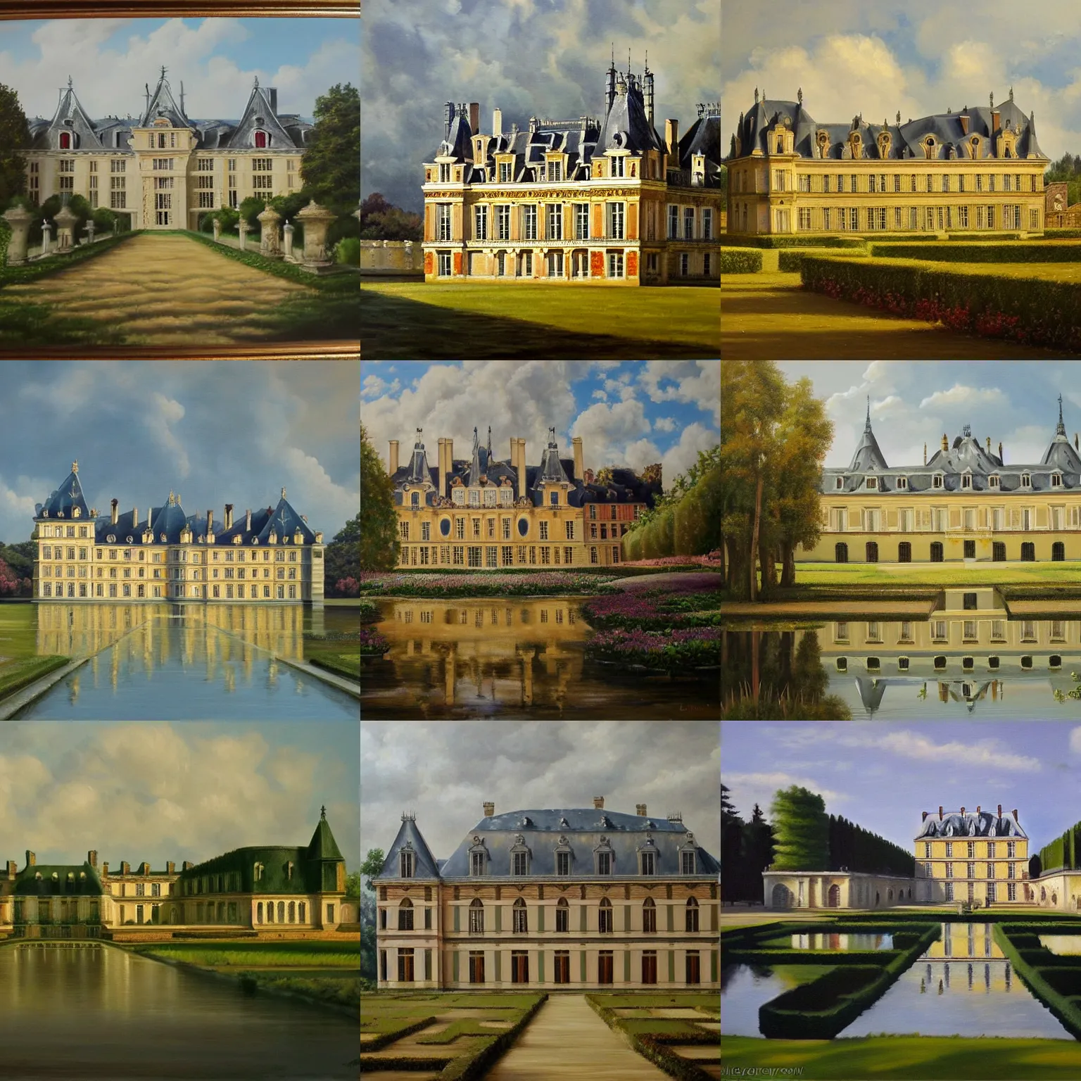 Prompt: an incredible oil painting of a big french chateau, maison Laffite, chateau de Versailles, château de Cheverny, concept art, trending on deviantart