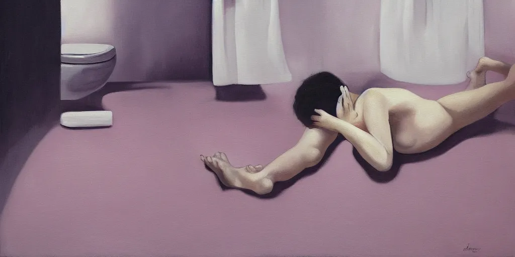Image similar to surreal painting of a sad woman, alone, lying on the floor of a bathroom
