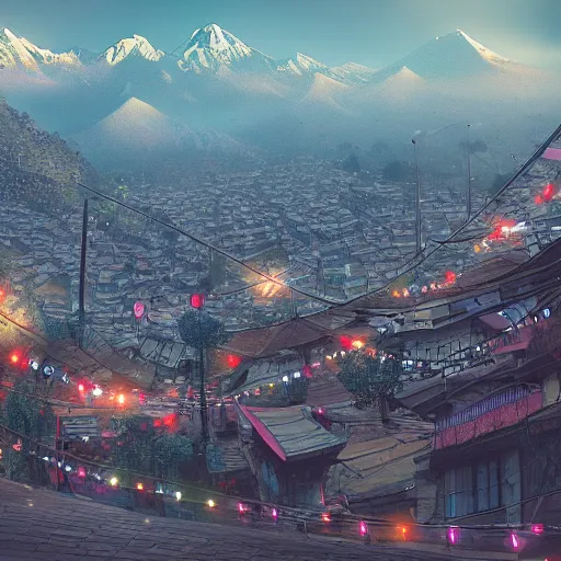 Image similar to a landscape image of kathmandu in a style of cyberpunk, highly detailed, cinematic lighting, hyperrealistic, 4 k, digital art