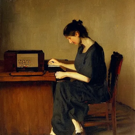 Prompt: sasha typing source code for radiostation at prima by repin, portrait, oil on canvas