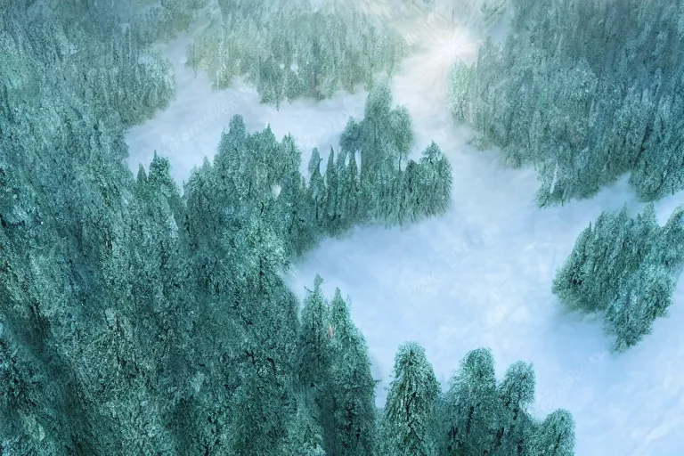 Image similar to areal view of a tall ice wall, spanning across a green forest, fantasy, digital art, brilliant, sunrise