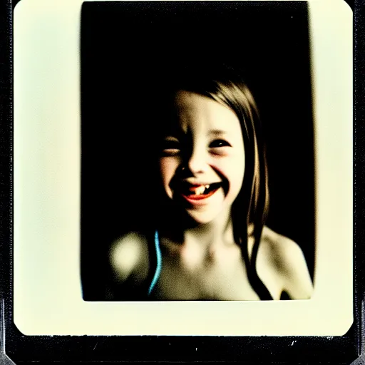 Prompt: portrait of smiling girl. photo, surreal, harsh lighting. polaroid type 6 0 0. fear. evil. supernatural. horror.