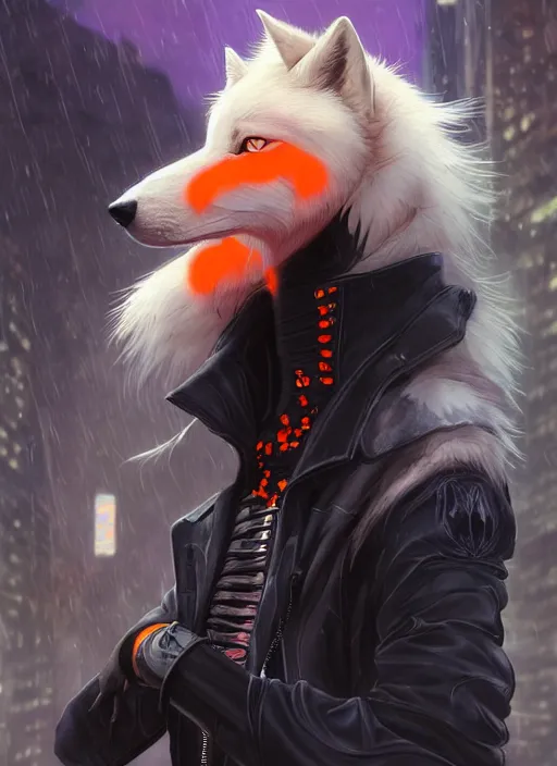 Prompt: award winning beautiful portrait commission of a male furry anthro albino wolf fursona with a tail and a cute beautiful attractive detailed furry face wearing stylish black and orange biker clothes in a cyberpunk city at night while it rains. Character design by charlie bowater, ross tran, artgerm, and makoto shinkai, detailed, inked, western comic book art