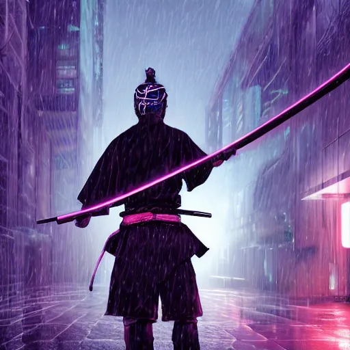 Image similar to realistic detailed portrait of a lone samurai with prosthetic hands, a purple blindfold and a high-tech katana behind his back, clothing in dark deep colors, cyberpunk style, rainy weather and evening, neon lights, 4K, masterpiece
