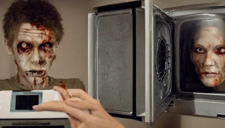 Image similar to big budget horror movie about microwave ovens using mind control to turn people into zombies