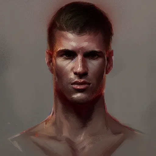 Prompt: Portrait of a man by Greg Rutkowski, he is about 30 years old, short blond hair, athletic and strong, straight jaw, wearing red tank top, older brother vibes, highly detailed portrait, digital painting, artstation, concept art, smooth, sharp foccus ilustration, Artstation HQ.