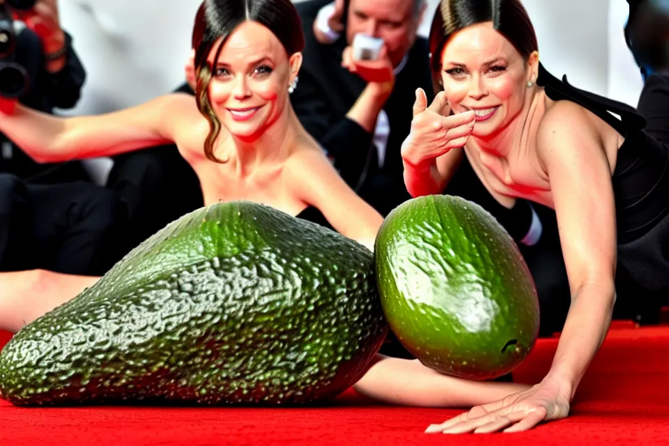 Prompt: bizarre celebrities on the red carpet rolling around in avocados