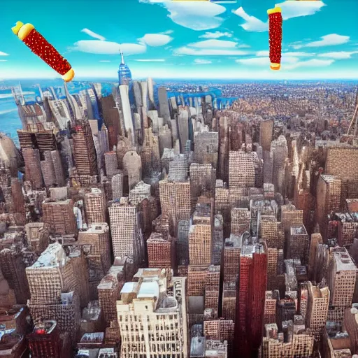 Image similar to A giant kebab falling from the sky over new york city, ultrawide lens, aerial view, 10 mm, by Terry Richardson, behance, unreal engine 5