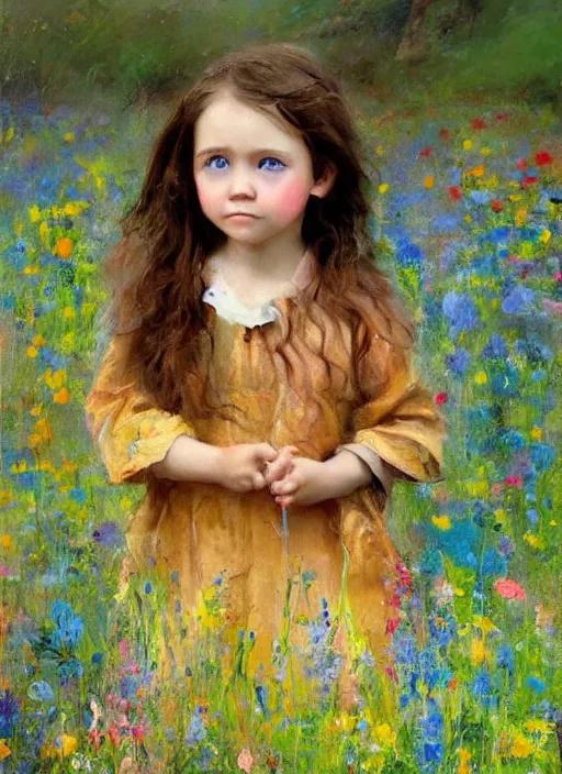 Prompt: a cute little girl with short light brown curly hair and blue eyes standing in a field of colorful wildflowers. detailed face. beautiful painting by ruan jia