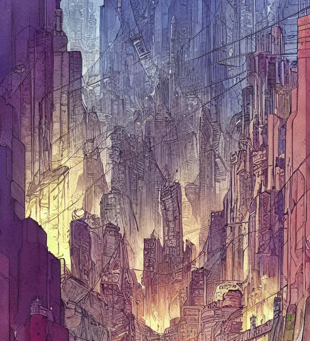 Image similar to a watercolor ink painting of a post - apocalyptic new - york underground in the style of jean giraud in the style of moebius trending on artstation deviantart pinterest detailed realistic hd 8 k high resolution