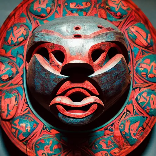 Image similar to a tribal masks, japanese pottery, vivid colors, wood, metal, intricate details, trending on cgsociety, glowing eyes, one per image, sharp focus, ultra realistic details, cinematic atmosphere, global illumination, shadows, octane render, 8 k