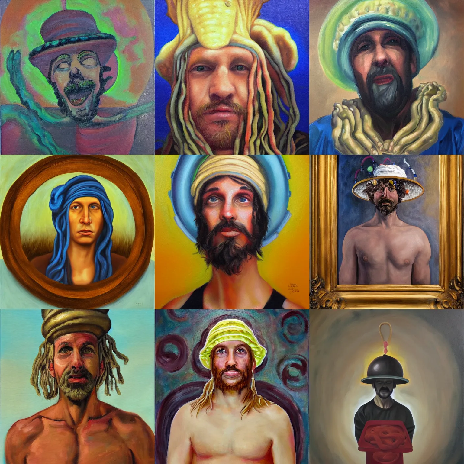 Prompt: a human looking pastafarian worship, oil painting on canvas