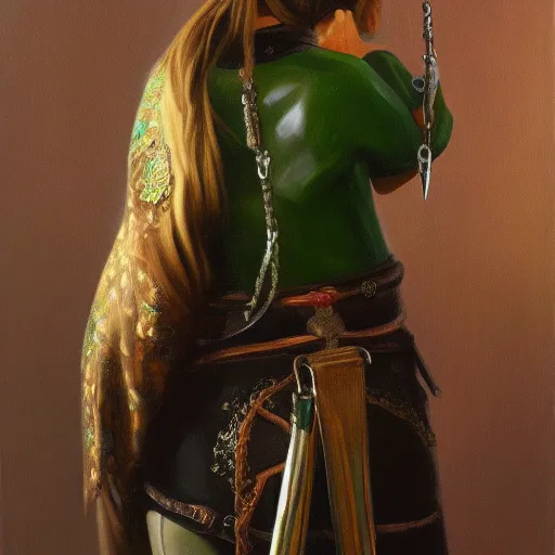 Prompt: oil painting of a jade sword hanging from the belt of a girl knight, hyperrealistic painting, deviantart, baroqe