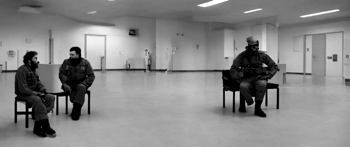 Prompt: filmic wide shot movie still 4 k hd interior 3 5 mm film color only photograph of two armed guards sitting down and talking in a break room in a military base, in the style of the horror film the thing 1 9 8 2