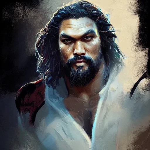 Image similar to “ portrait of jason momoa by greg rutkowski, young, attractive, highly detailed portrait, scifi, digital painting, artstation, concept art, smooth, sharp foccus ilustration, artstation hq ”