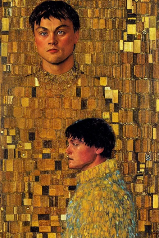 Image similar to ”Leonardo di Caprio as Gatsby”, Gustav Klimt (1901), oil and gold leaf