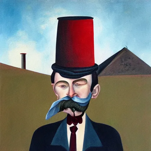 Prompt: a surreal painting of a man with a chimney on his head