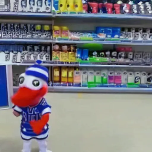 Image similar to security camera footage of a sports mascot pouring a carton of milk on the floor