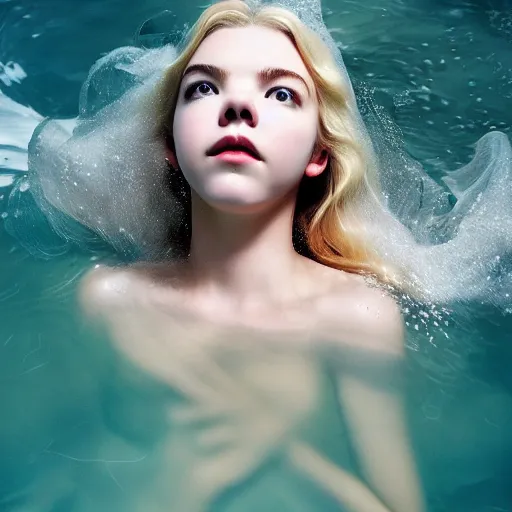 Prompt: a beautiful blonde girl like a angel of anya taylor - joy floating under the deep water, white petal, by personal photography, art by brookskim, closeup, 4 k, highly detailed, instagram,