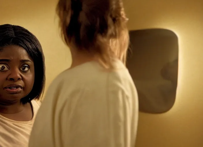 Image similar to cinematic portrait of panicking octavia spencer talking to the bathroom mirror, scene from the tense thriller film ( 2 0 0 1 ) directed by spike jonze, hyper - detailed face, dramatic backlit window, volumetric hazy lighting, moody cinematography, 3 5 mm kodak color film, anamorphic wide angle lens