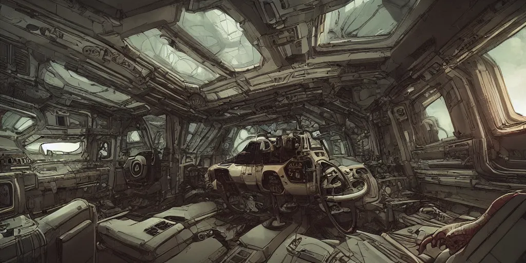 Image similar to horror spaceship interior, kim jung gi style, Greg Rutkowski, Zabrocki, Karlkka, Jayison Devadas, trending on Artstation, 8K, ultra wide angle, zenith view, pincushion lens effect