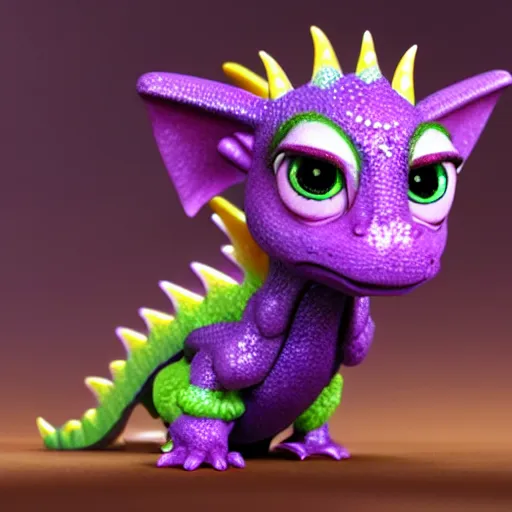 Prompt: adorable baby dragon, the dragon is purple and glittery, big eyes, Pixar CGI, octane render