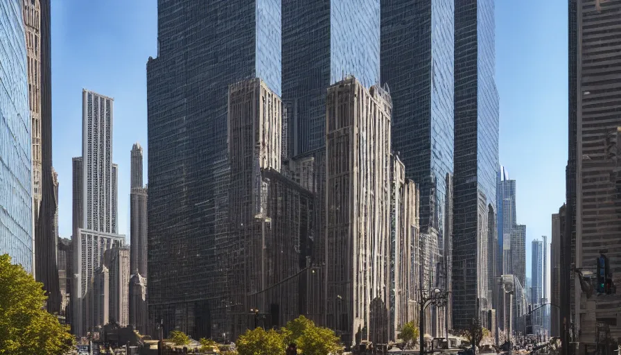 Prompt: Street view of Chicago with big buidlings at sunny day, good light, hyperdetailed, artstation, cgsociety, 8k