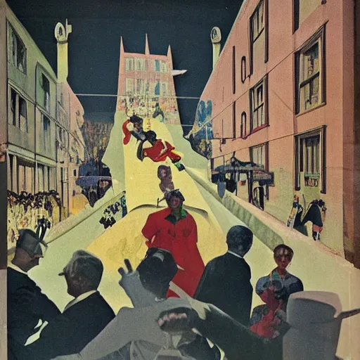 Image similar to 1950 magazine cut out collage of Cristopher Street day, Jugendstil, painted by Neo Rauch,