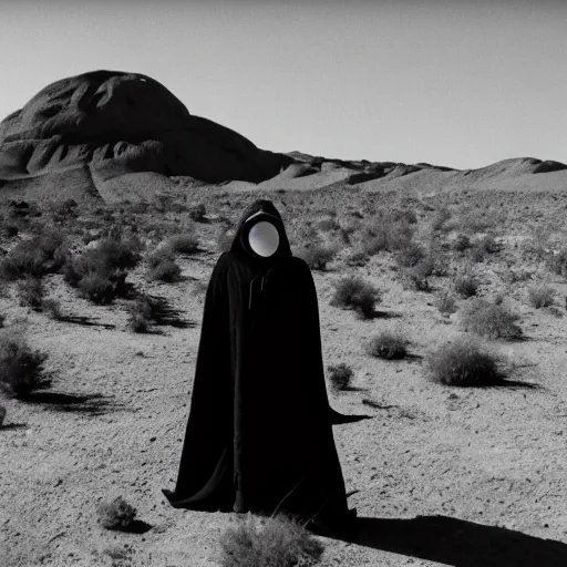 Image similar to a man wearing a long cloak and gasmask, in the desert, film still, arriflex 35