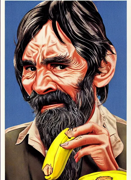 Image similar to vintage magazine advertisement depicting charles manson slipping on a banana peel, by alex grey