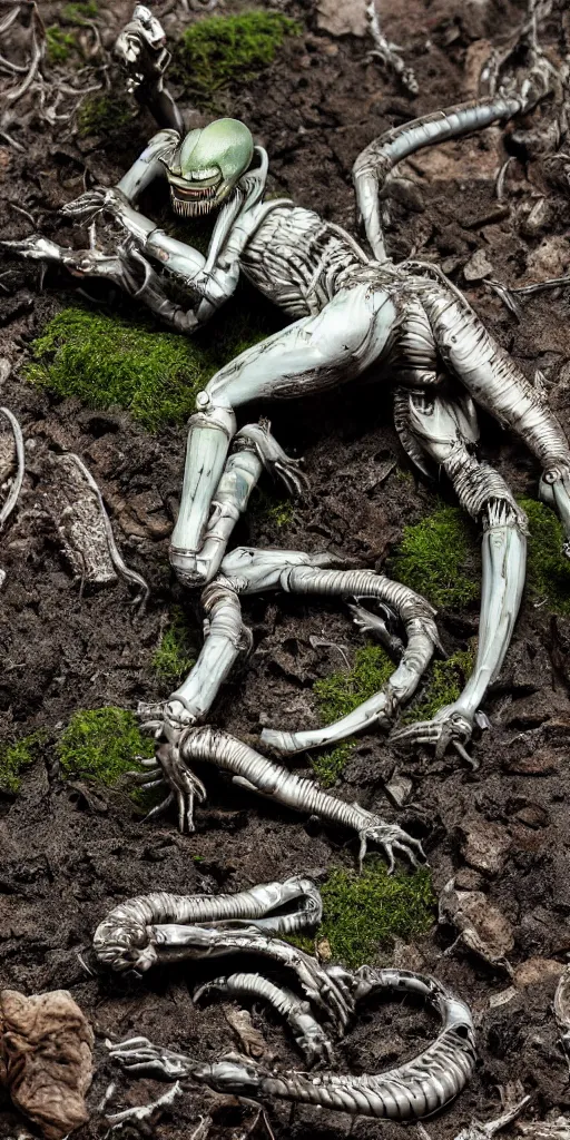 Prompt: bootleg figure of a plastic platinum xenomorph diorama crushed on the ground surrounded of dirt and moss secondhand, dramatic airbrush stormcloud by Luis Royo, mcfarlane, cursed photography, middle shot