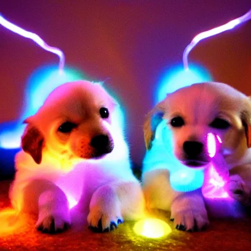 Image similar to glowing puppies having fun